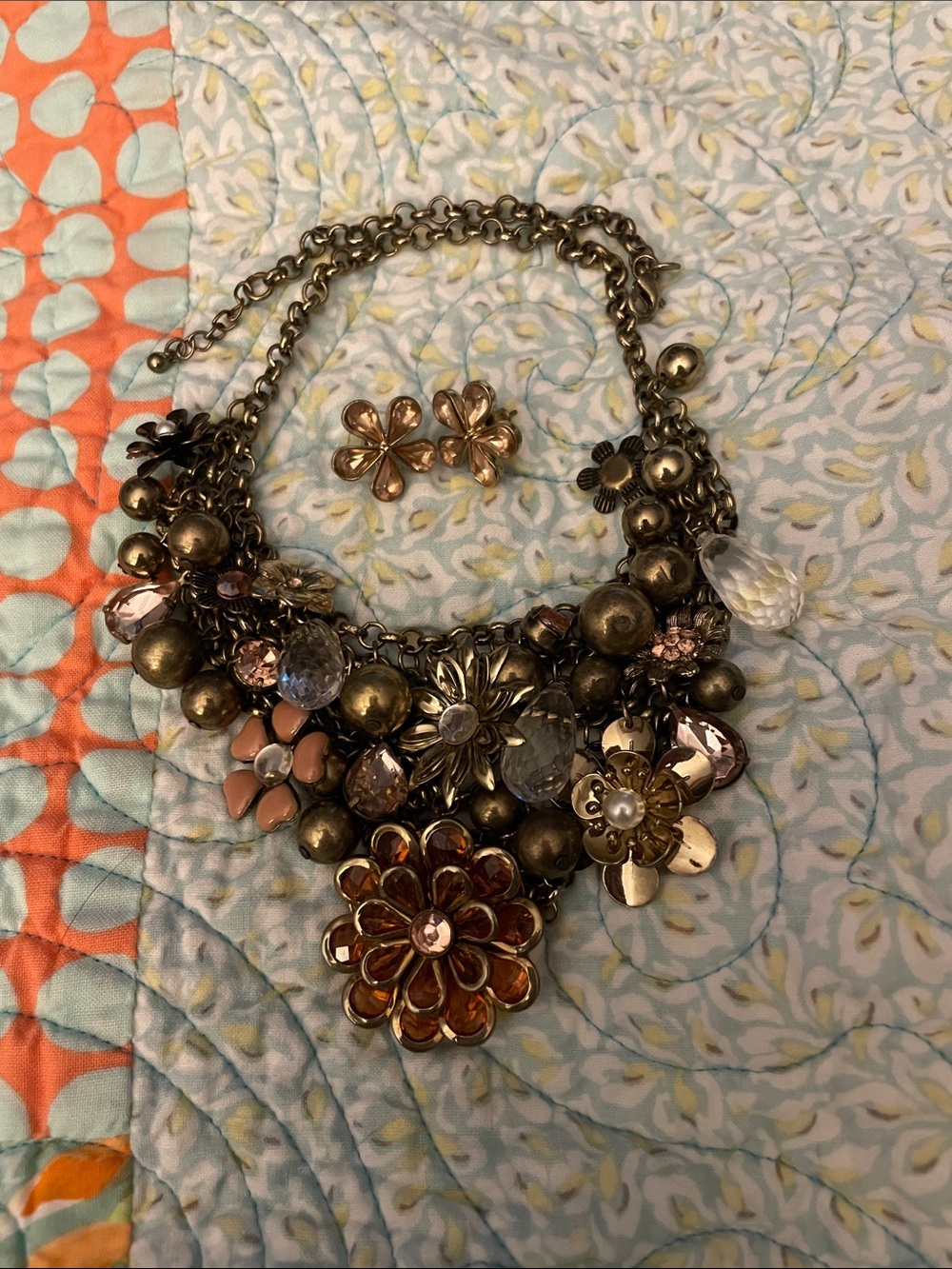 Statement Floral Cluster Necklace and Earrings Set - Pink and Gold